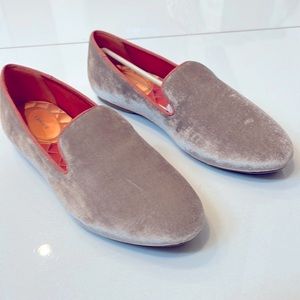 Birdies “Starling” loafers in pale pink/metallic suede with coral trim.
